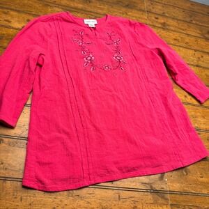 Country Store Pink Floral Embroidered Cotton Tunic Top Women's Size M